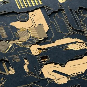 Circuit board futuristic server code processing. Gold and black technology Stock Illustration