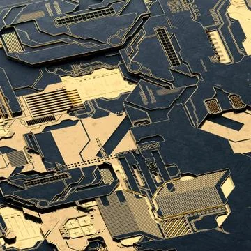 Circuit board futuristic server code processing. Gold and black technology Illustrazione stock