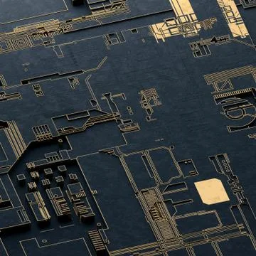 Circuit board futuristic server code processing. Gold and black technology Stock Illustration