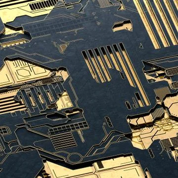 Circuit board futuristic server code processing. Gold and black technology Illustrazione stock