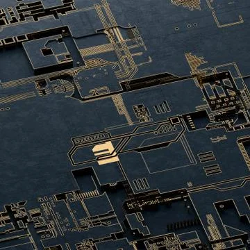 Circuit board futuristic server code processing. Gold and black technology Illustrazione stock