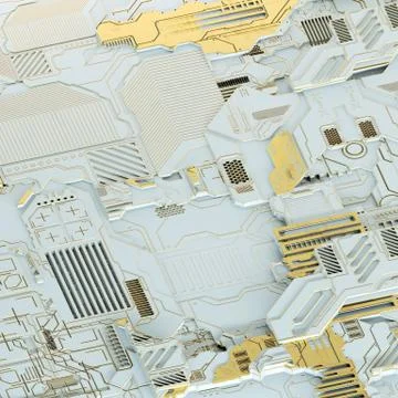 Circuit board futuristic server code processing. Gold and white technology Stock Illustration