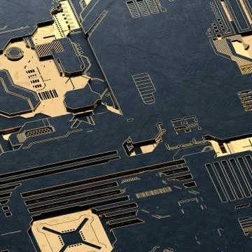 Circuit board futuristic server code processing. Gold and black technology Stock Illustration