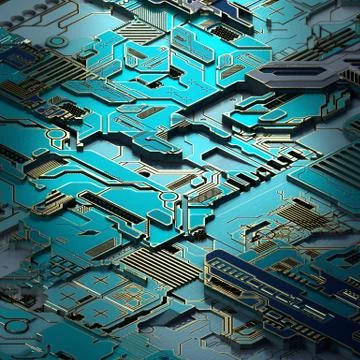 Circuit board futuristic server code processing. Turquoise technology background Stock Illustration