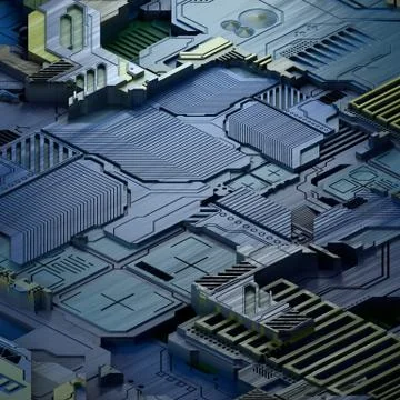 Circuit board futuristic server code processing. Blue technology background. 3d Stock Illustration
