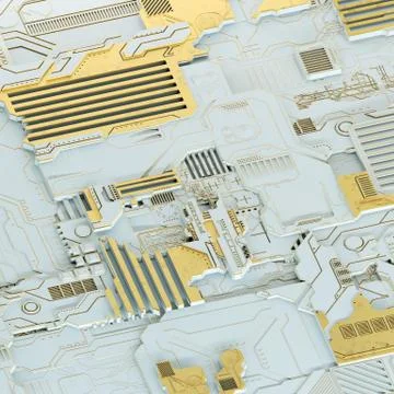 Circuit board futuristic server code processing. Gold and white technology Stock Illustration