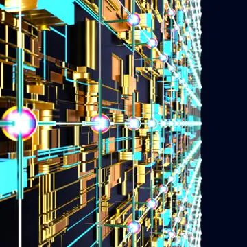 Circuit board futuristic server code processing. Angled view multicolor イラスト素材