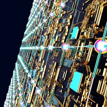 Circuit board futuristic server code processing. Angled view multicolor Illustrazione stock