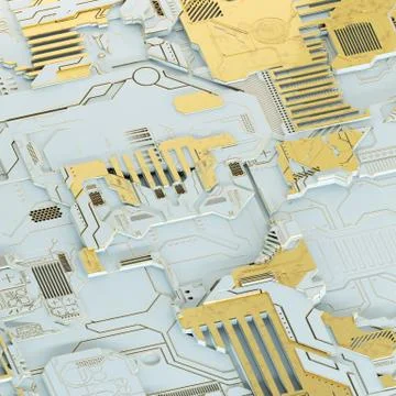 Circuit board futuristic server code processing. Gold and white technology Illustrazione stock