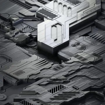 Circuit board futuristic server code processing. Gray technology background. 3d Illustrazione stock