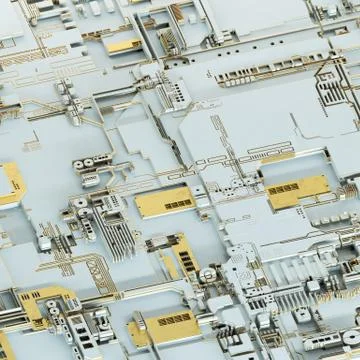 Circuit board futuristic server code processing. Gold and white technology Stock Illustration