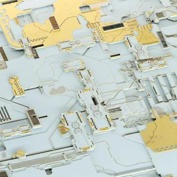 Circuit board futuristic server code processing. Gold and white technology Stock Illustration