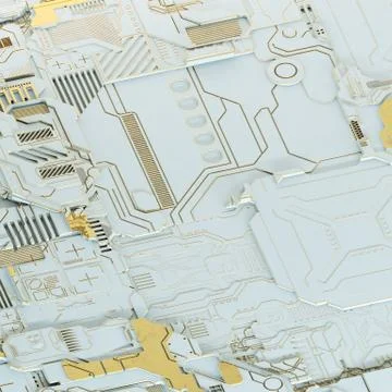 Circuit board futuristic server code processing. Gold and white technology Illustrazione stock