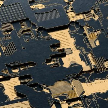 Circuit board futuristic server code processing. Gold and black technology Stock Illustration