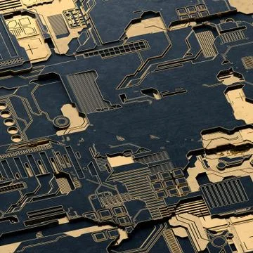 Circuit board futuristic server code processing. Gold and black technology Stock Illustration
