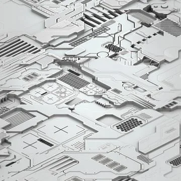 Circuit board futuristic server code processing. White technology background. 3d Stock Illustration