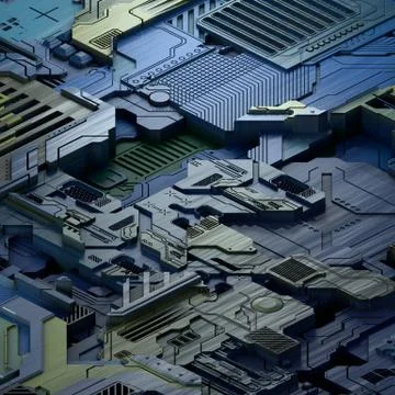 Circuit board futuristic server code processing. Blue technology background. 3d Stock Illustration