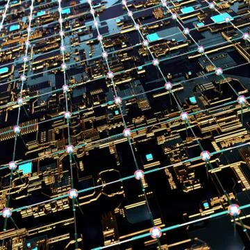 Circuit board futuristic server code processing. Angled view multicolor Stockillustratie