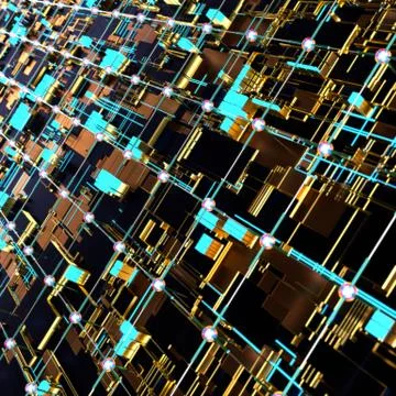 Circuit board futuristic server code processing. Angled view multicolor Stockillustratie