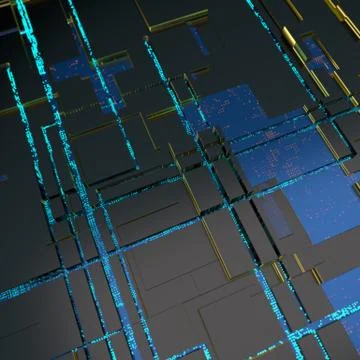 Circuit board futuristic server code processing. Angled view blue color Stockillustratie