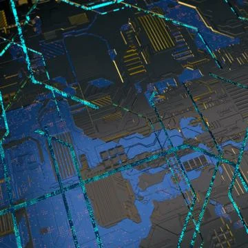 Circuit board futuristic server code processing. Angled view blue color Stock Illustration