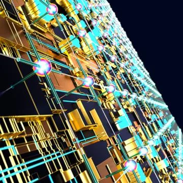 Circuit board futuristic server code processing. Angled view multicolor Stockillustratie