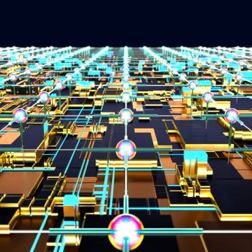 Circuit board futuristic server code processing. Angled view multicolor イラスト素材