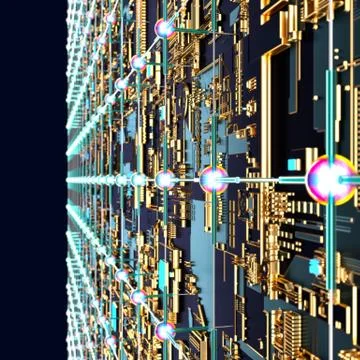 Circuit board futuristic server code processing. Angled view multicolor Stock Illustration