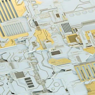 Circuit board futuristic server code processing. Gold and white technology イラスト素材
