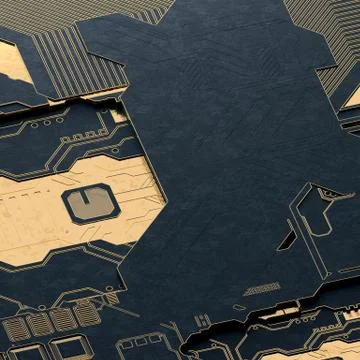 Circuit board futuristic server code processing. Gold and black technology Illustrazione stock