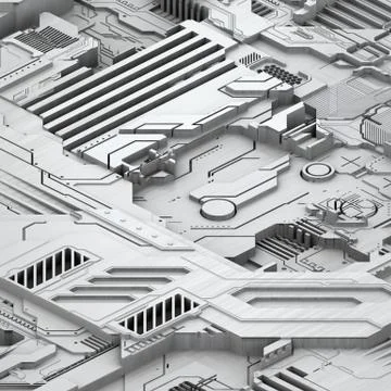 Circuit board futuristic server code processing. White technology background. 3d Stock Illustration