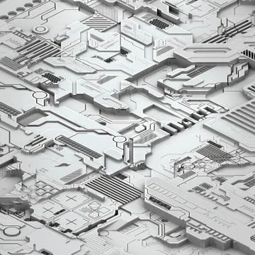 Circuit board futuristic server code processing. White technology background. 3d Stock Illustration