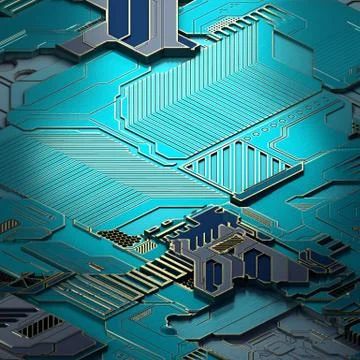 Circuit board futuristic server code processing. Turquoise technology background Illustrazione stock