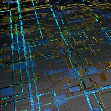 Circuit board futuristic server code processing. Angled view blue color Illustrazione stock