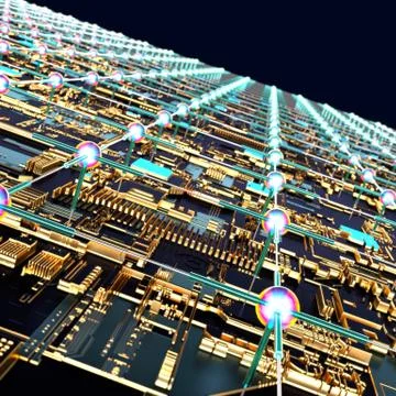 Circuit board futuristic server code processing. Angled view multicolor Illustrazione stock