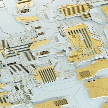 Circuit board futuristic server code processing. Gold and white technology イラスト素材