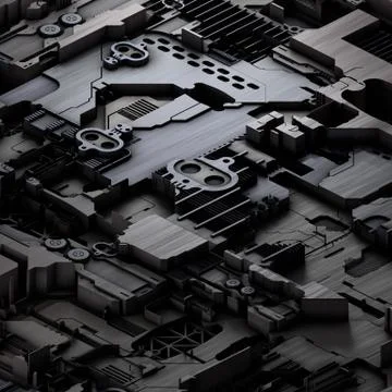 Circuit board futuristic server code processing. Gray technology background. 3d Stock Illustration