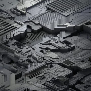 Circuit board futuristic server code processing. Gray technology background. 3d Stock Illustration