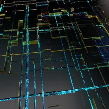 Circuit board futuristic server code processing. Angled view blue color Illustrazione stock
