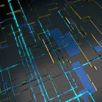 Circuit board futuristic server code processing. Angled view blue color Stockillustratie