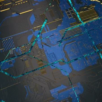 Circuit board futuristic server code processing. Angled view blue color イラスト素材