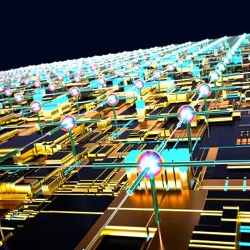 Circuit board futuristic server code processing. Angled view multicolor Stockillustratie