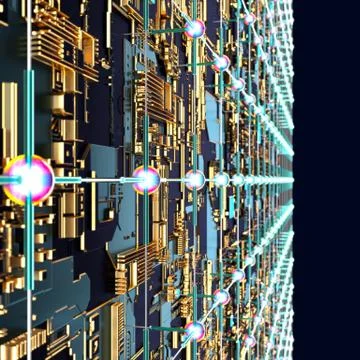 Circuit board futuristic server code processing. Angled view multicolor 库存插图