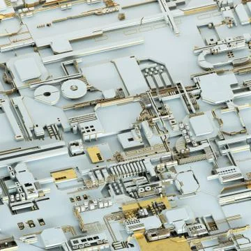 Circuit board futuristic server code processing. Gold and white technology Stock Illustration