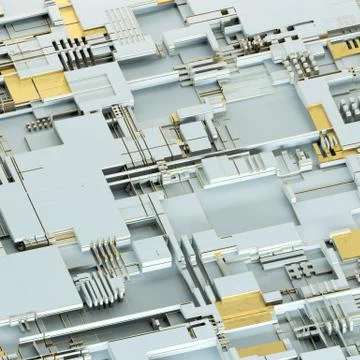 Circuit board futuristic server code processing. Gold and white technology Stock Illustration