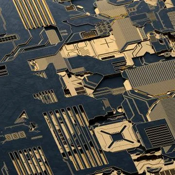 Circuit board futuristic server code processing. Gold and black technology Illustrazione stock