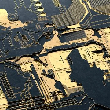 Circuit board futuristic server code processing. Gold and black technology Illustrazione stock