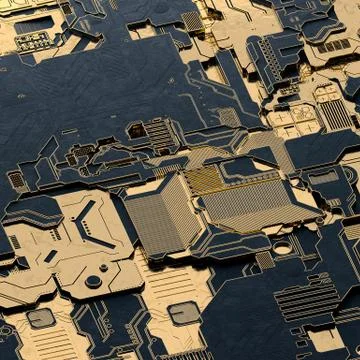 Circuit board futuristic server code processing. Gold and black technology Stock Illustration