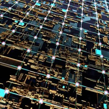Circuit board futuristic server code processing. Angled view multicolor Stock Illustration