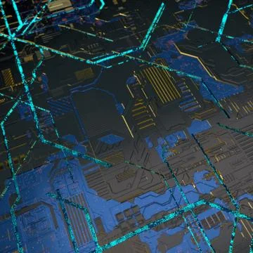 Circuit board futuristic server code processing. Angled view blue color Illustrazione stock